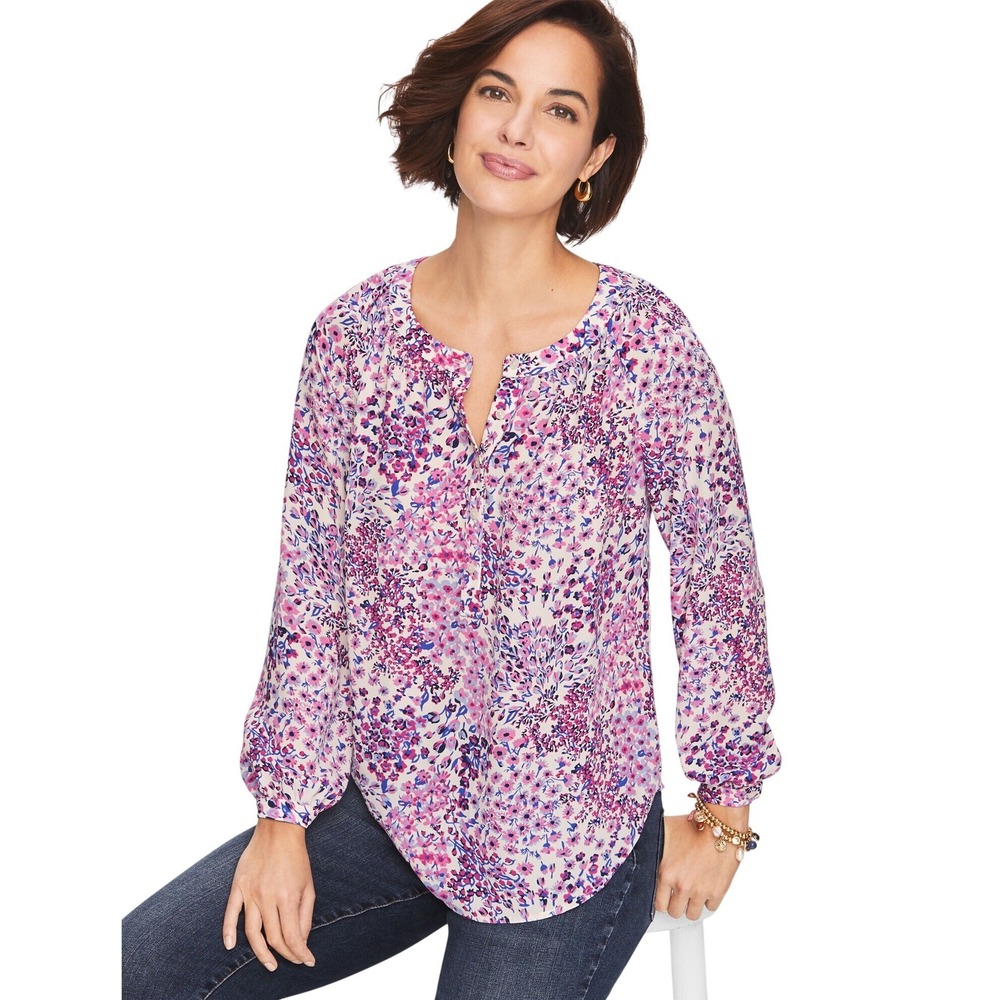 Talbots Crepe Band Floral Blouse Top Pink Purple Split Neck Button Popover Sz 3x